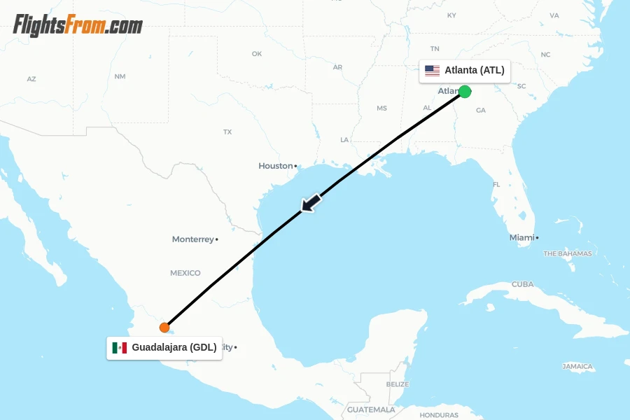 Flights from Atlanta to Guadalajara route map