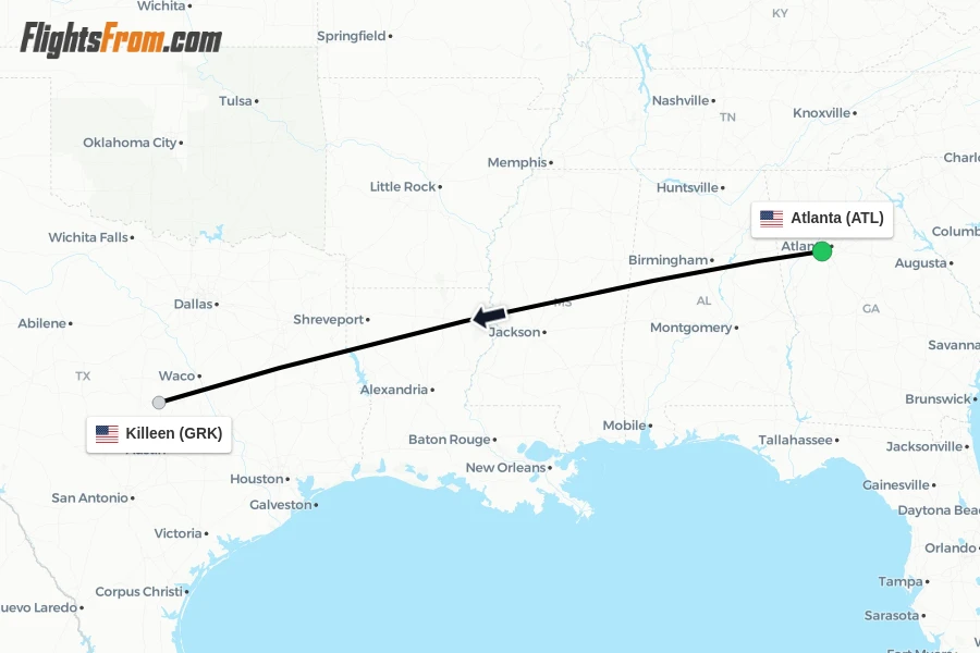 Flights from Atlanta to Killeen route map