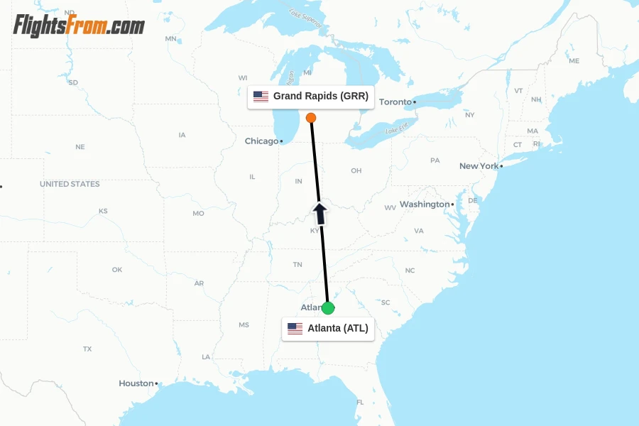 Flights from Atlanta to Grand Rapids route map