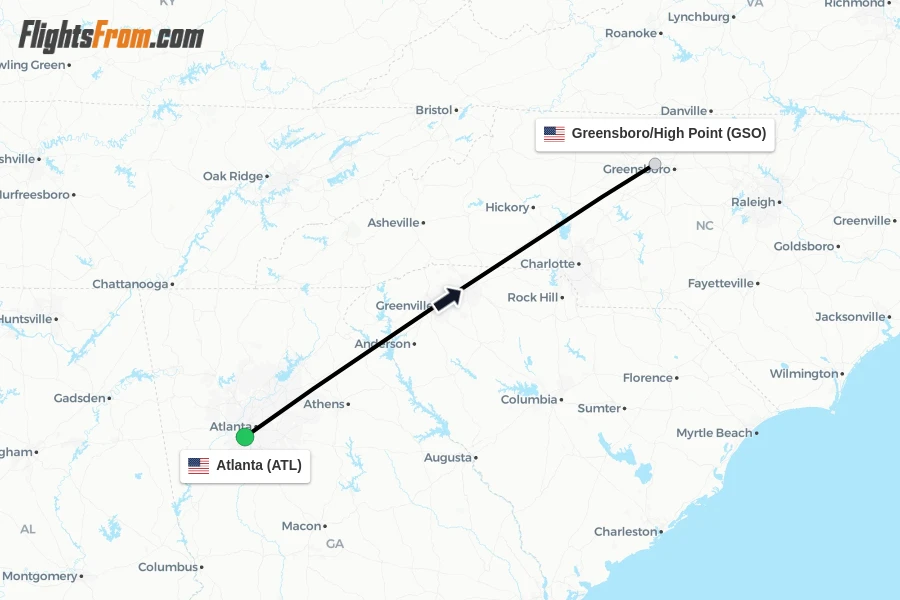 Flights from Atlanta to Greensboro/High Point route map