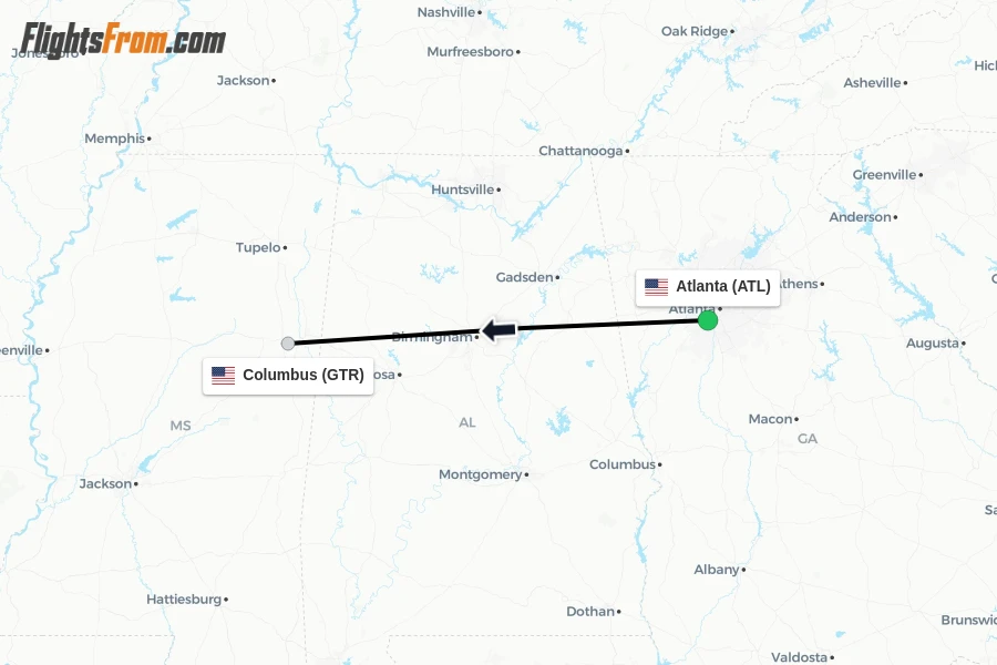 Flights from Atlanta to Columbus route map