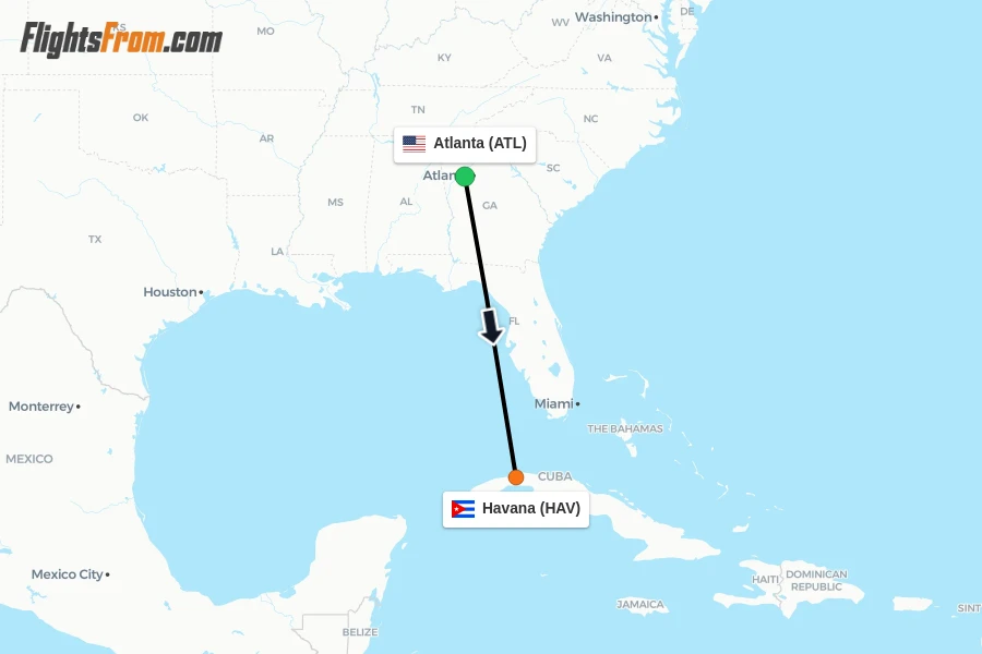 Flights from Atlanta to Havana route map