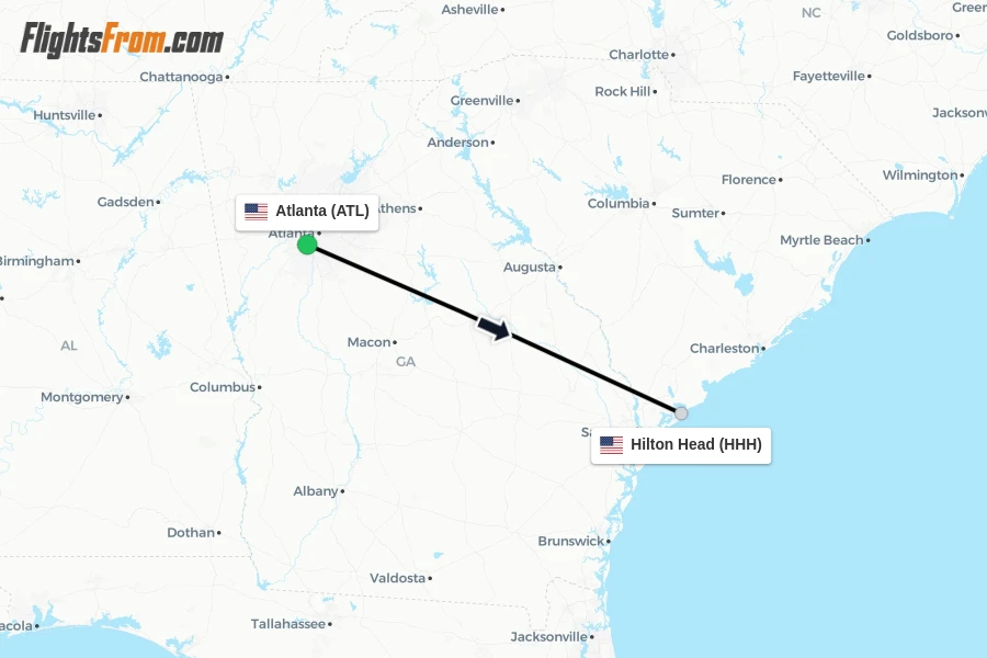 Flights from Atlanta to Hilton Head route map