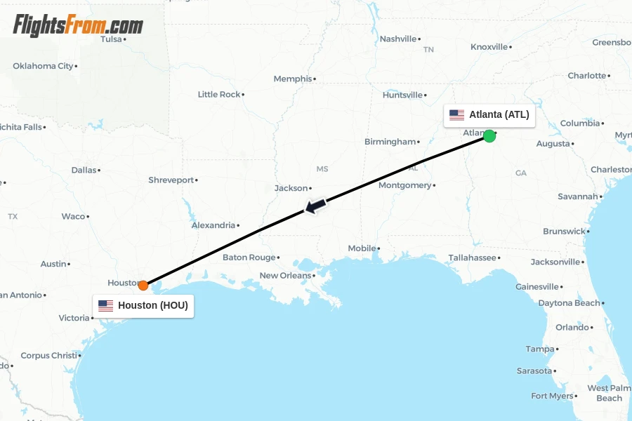 Flights from Atlanta to Houston route map