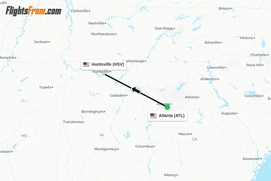 Flights from Atlanta to Huntsville route map