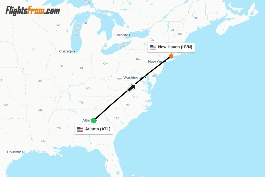 Flights from Atlanta to New Haven route map