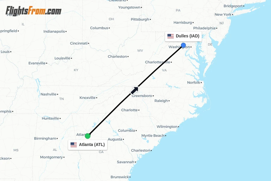 Flights from Atlanta to Dulles route map