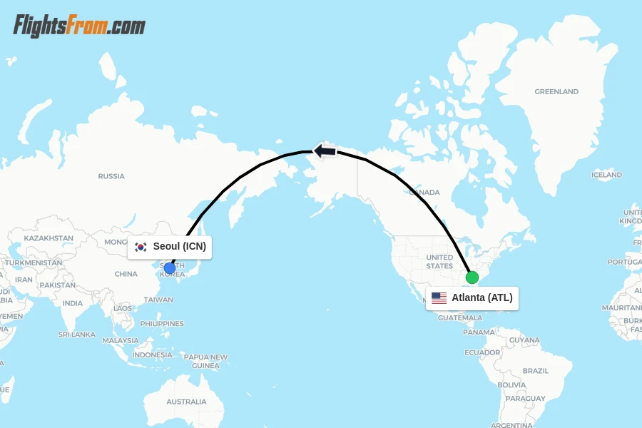 Flights from Atlanta to Seoul route map