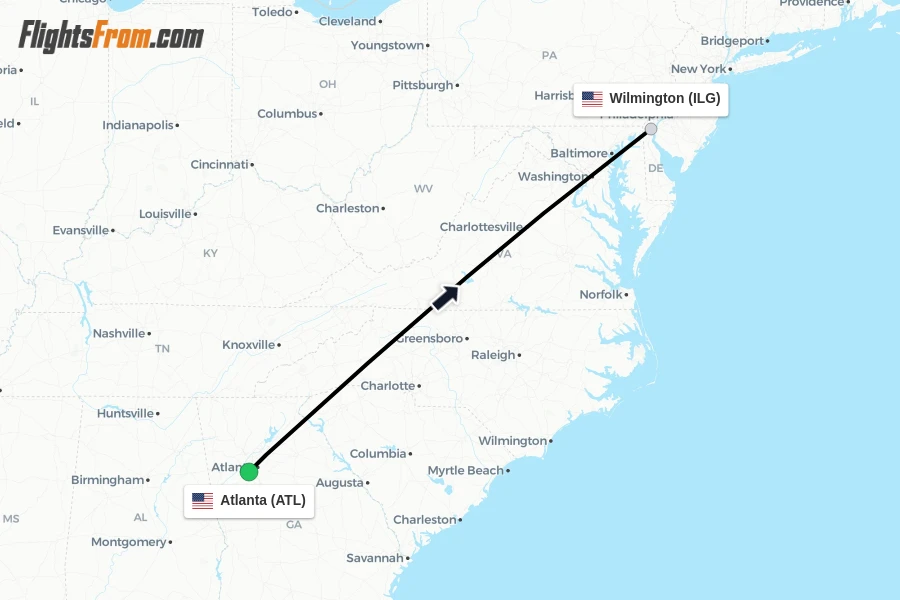 Flights from Atlanta to Wilmington route map
