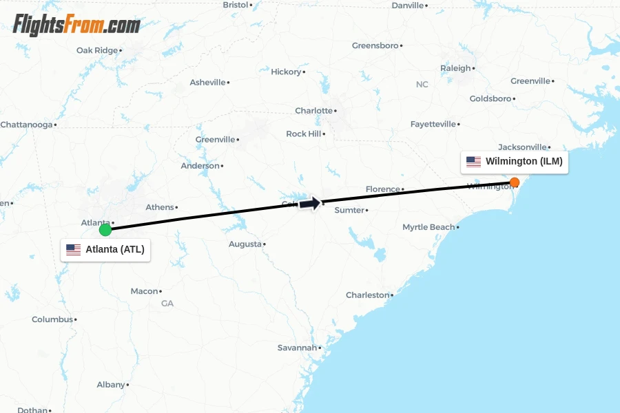 Flights from Atlanta to Wilmington route map