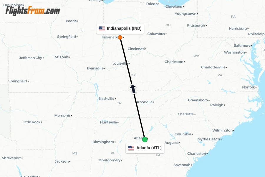 Flights from Atlanta to Indianapolis route map