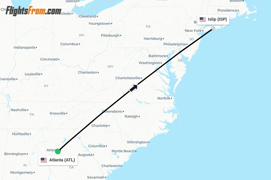 Flights from Atlanta to Islip route map