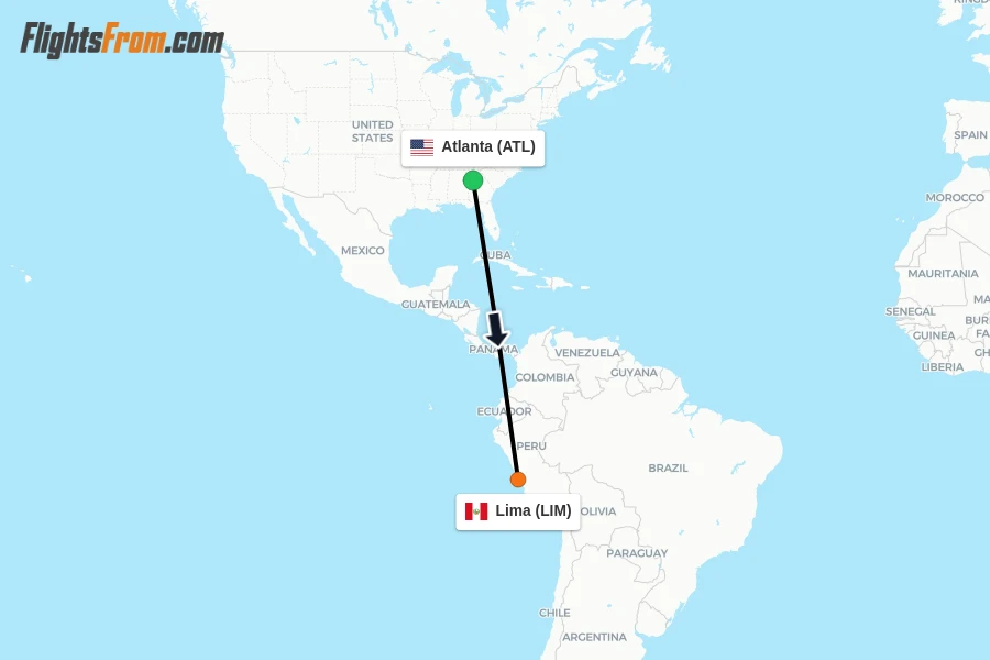 Flights from Atlanta to Lima route map