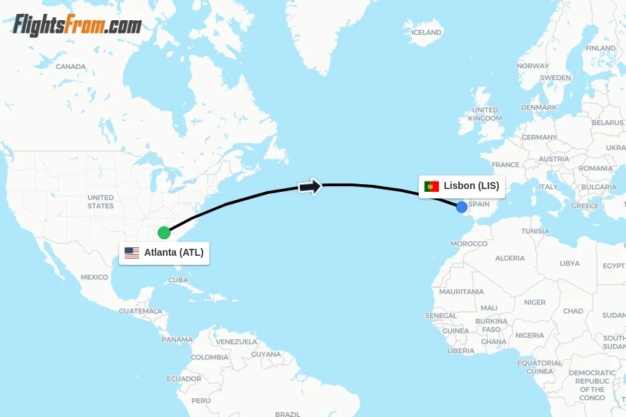 Flights from Atlanta to Lisbon route map