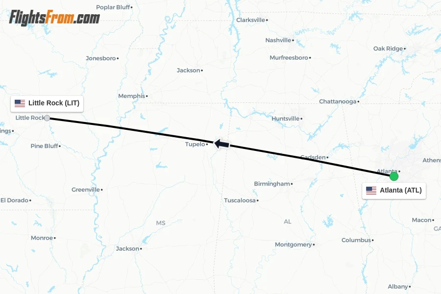 Flights from Atlanta to Little Rock route map