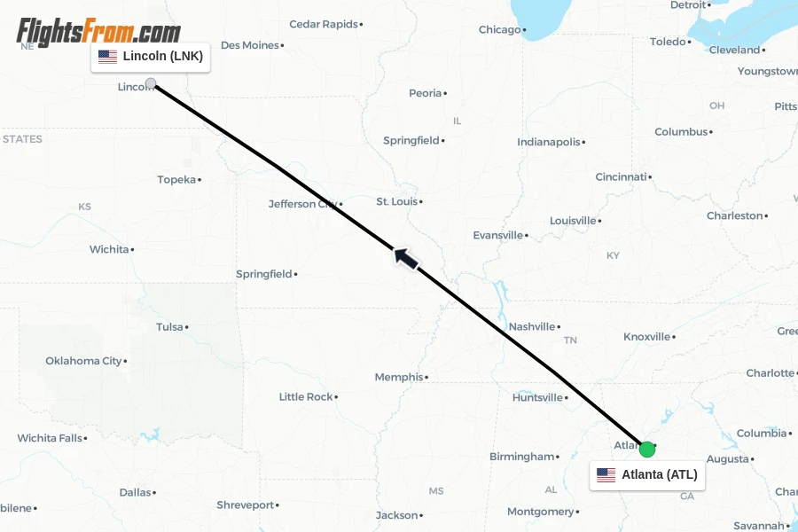 Flights from Atlanta to Lincoln route map
