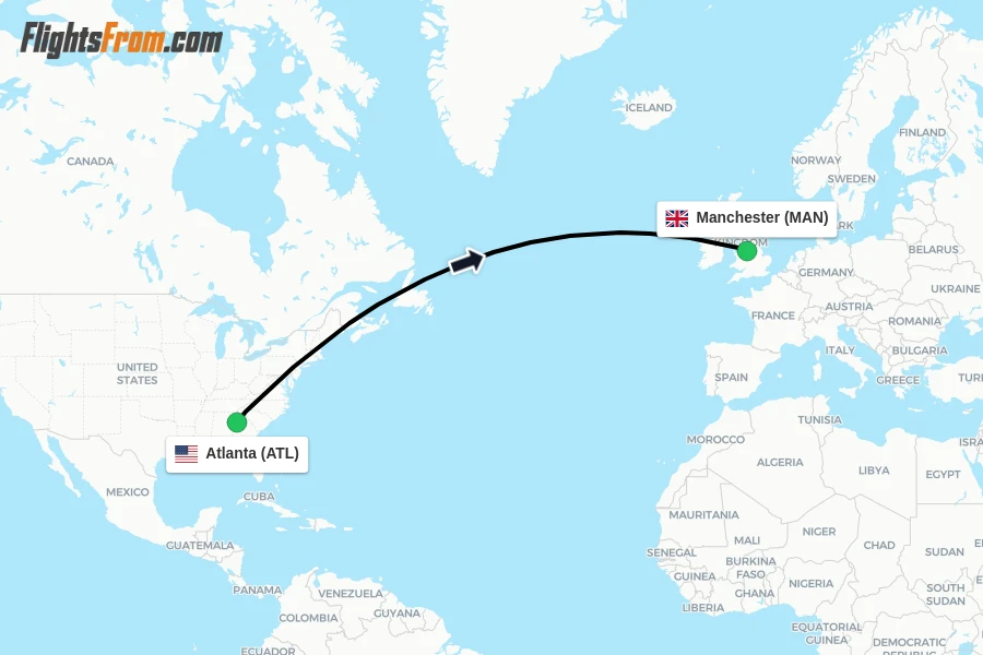 Flights from Atlanta to Manchester route map