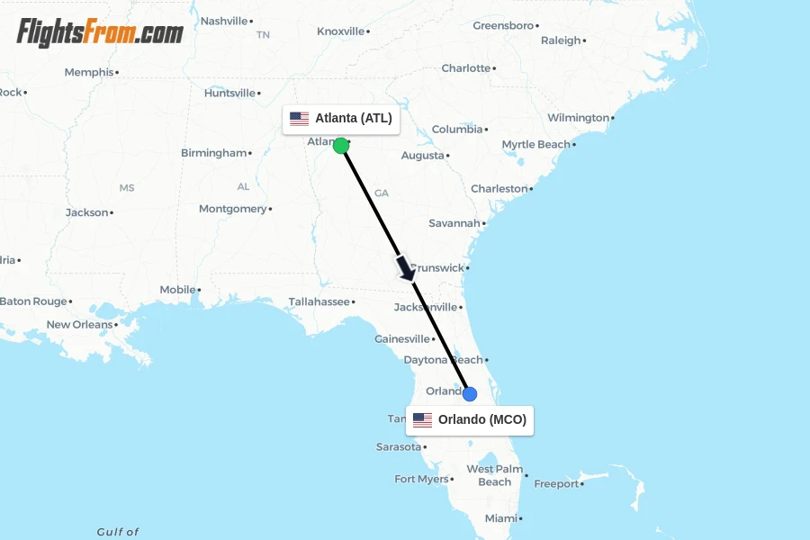 Flights from Atlanta to Orlando route map