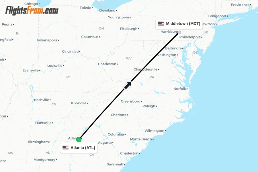Flights from Atlanta to Middletown route map