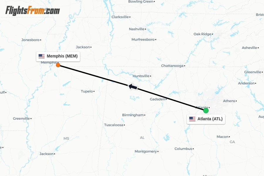 Flights from Atlanta to Memphis route map