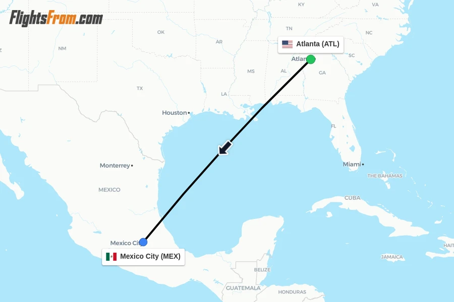 Flights from Atlanta to Mexico City route map