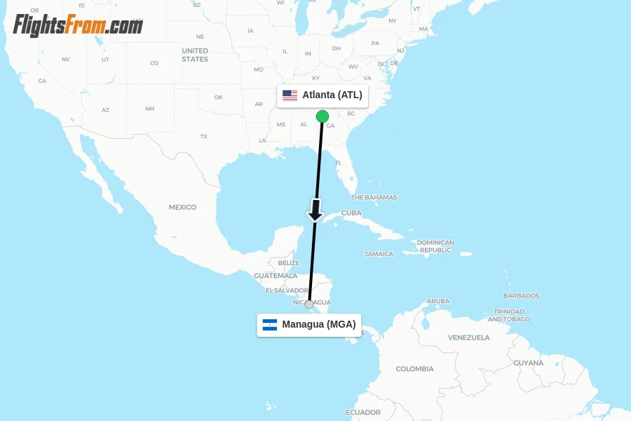 Flights from Atlanta to Managua route map