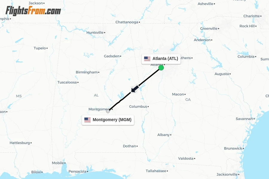 Flights from Atlanta to Montgomery route map