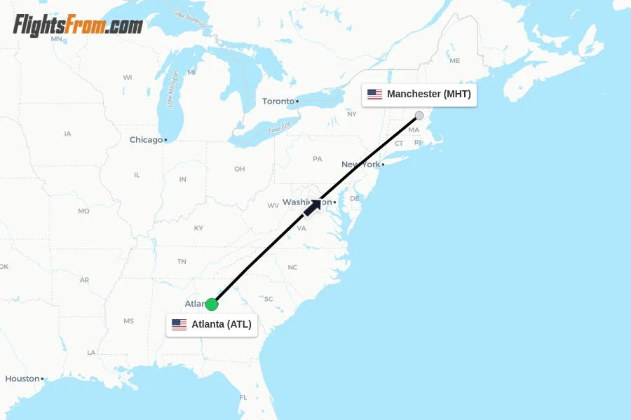 Flights from Atlanta to Manchester route map