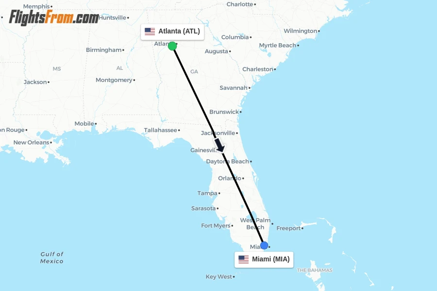 Flights from Atlanta to Miami route map