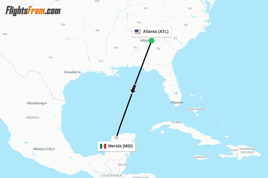 Flights from Atlanta to Merida route map