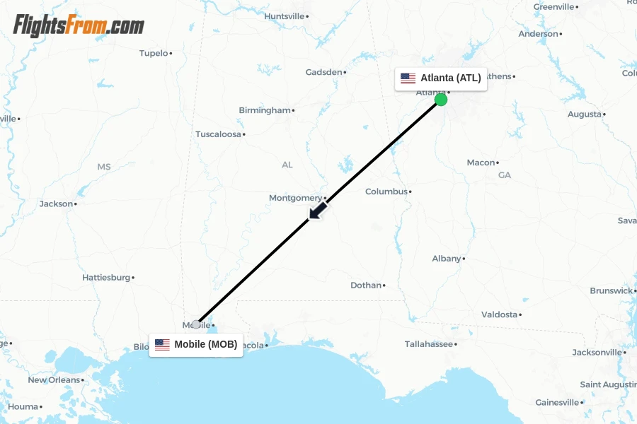 Flights from Atlanta to Mobile route map
