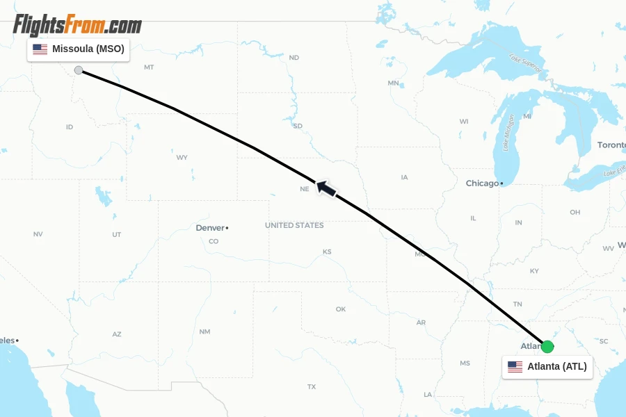 Flights from Atlanta to Missoula route map