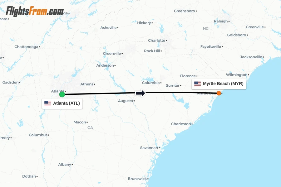 Flights from Atlanta to Myrtle Beach route map