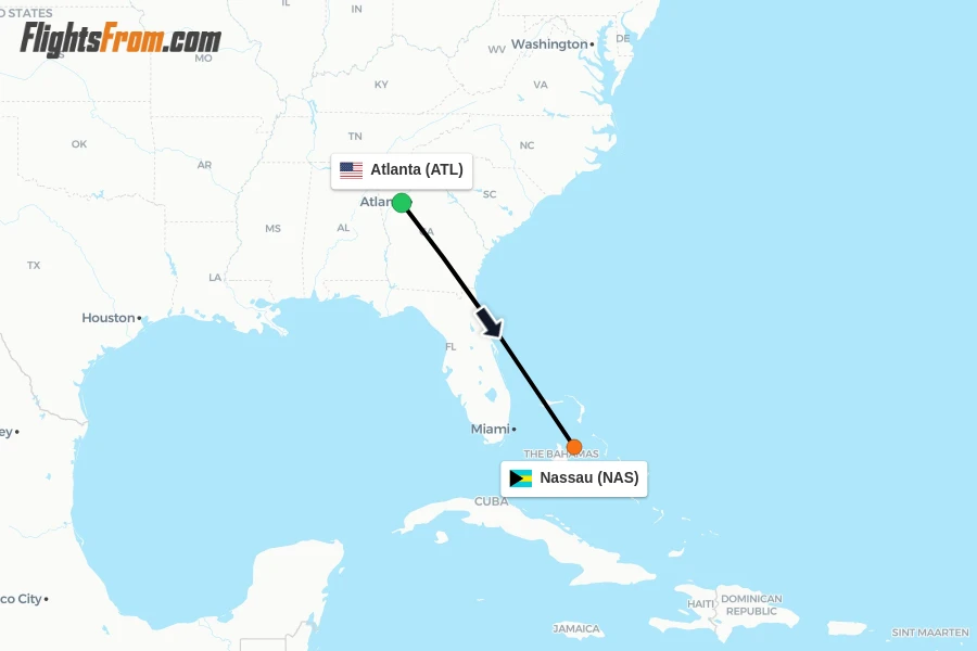 Flights from Atlanta to Nassau route map