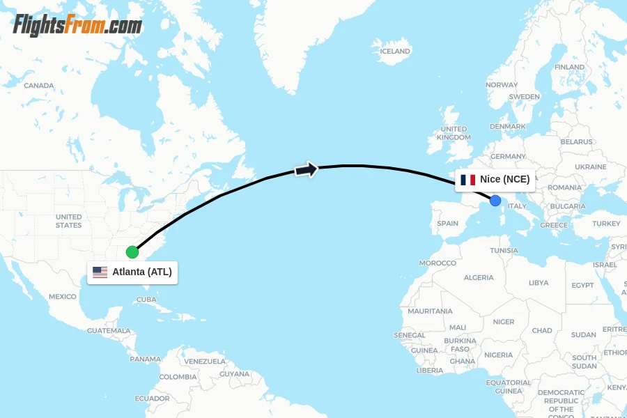 Flights from Atlanta to Nice route map