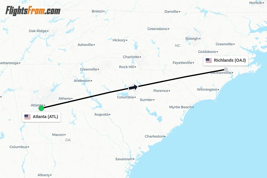 Flights from Atlanta to Richlands route map