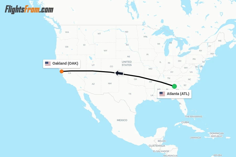 Flights from Atlanta to Oakland route map