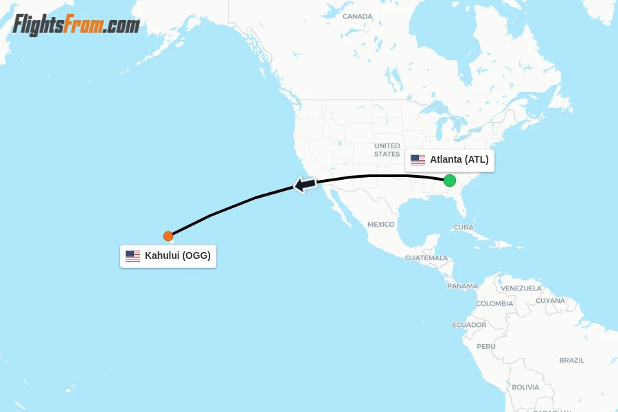 Flights from Atlanta to Kahului route map