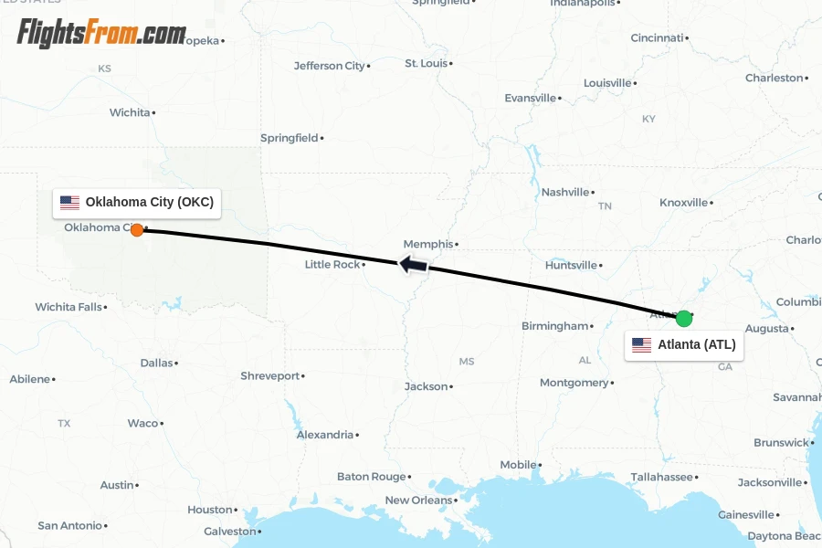 Flights from Atlanta to Oklahoma City route map