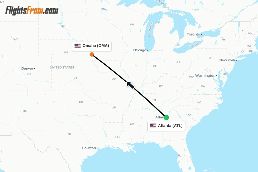 Flights from Atlanta to Omaha route map