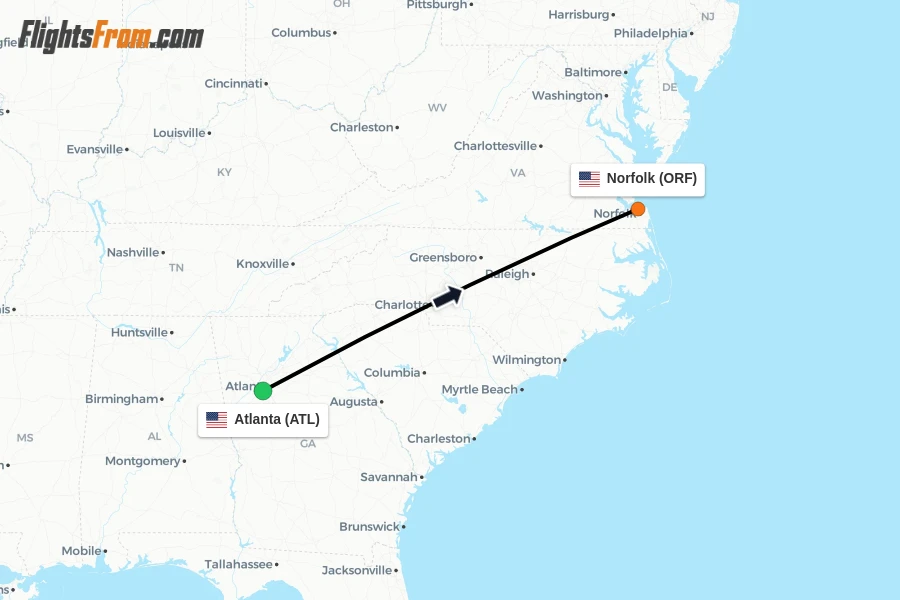 Flights from Atlanta to Norfolk route map