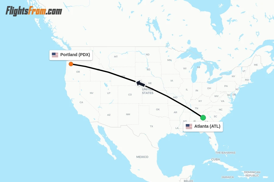 Flights from Atlanta to Portland route map