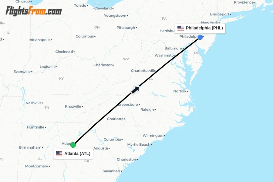 Flights from Atlanta to Philadelphia route map