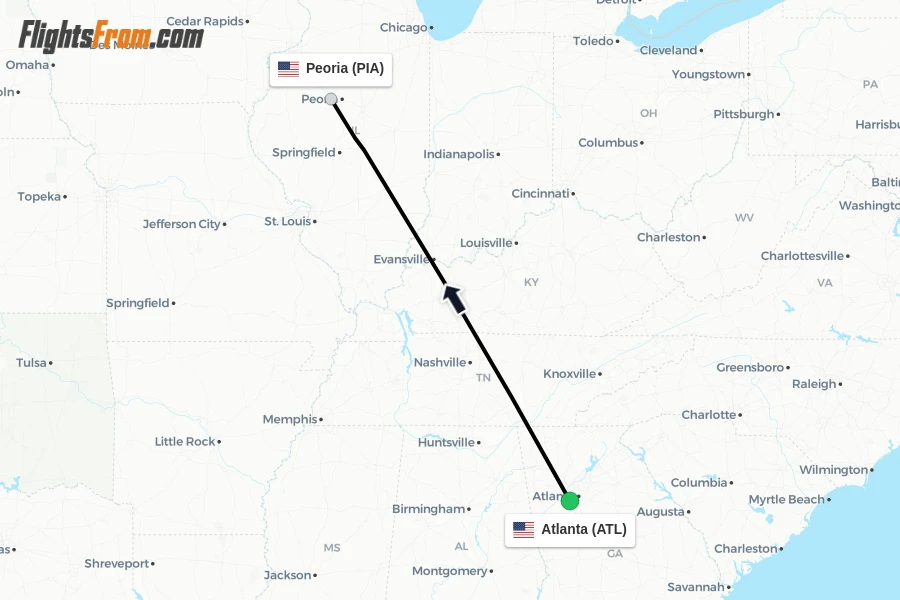 Flights from Atlanta to Peoria route map