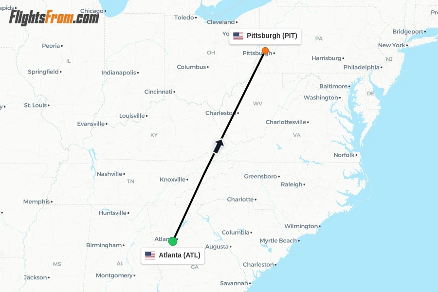 Flights from Atlanta to Pittsburgh route map