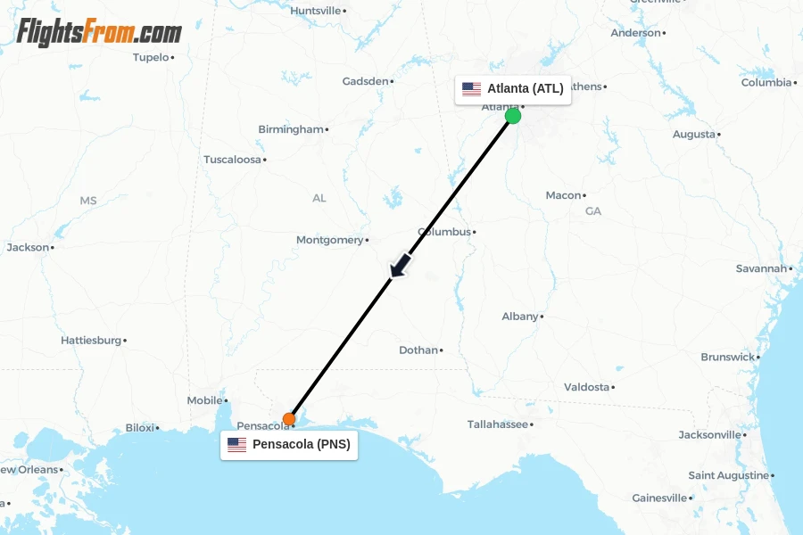 Flights from Atlanta to Pensacola route map