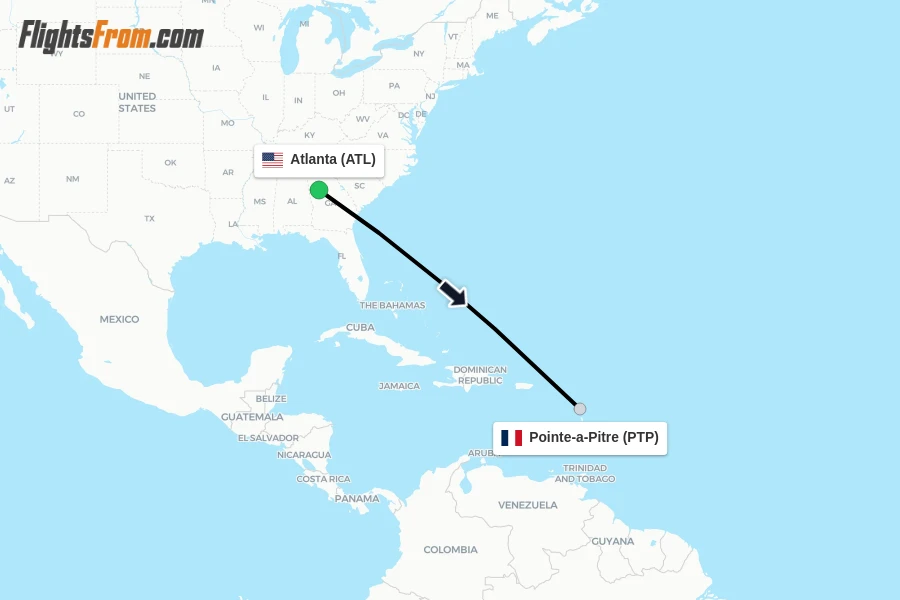 Flights from Atlanta to Pointe-a-Pitre route map