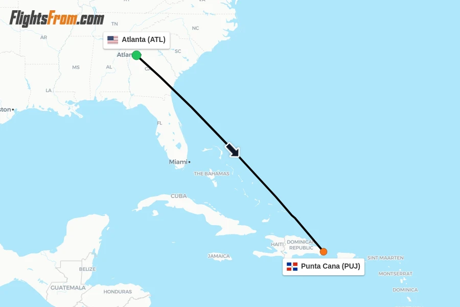 Flights from Atlanta to Punta Cana route map
