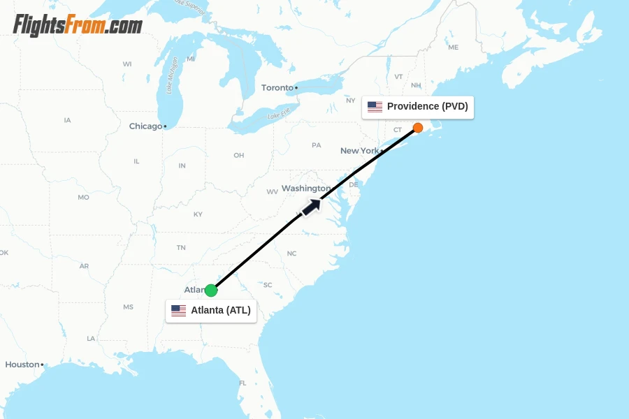 Flights from Atlanta to Providence route map