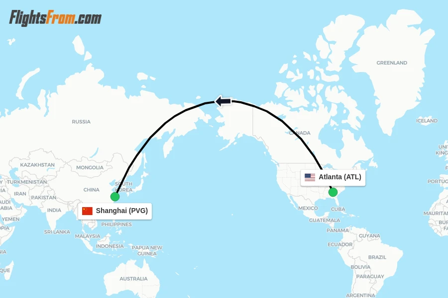 Flights from Atlanta to Shanghai route map